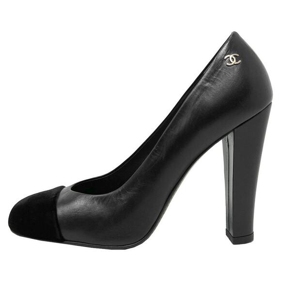 Chanel Black Velvet Cap Toe CC Logo Pumps- Size 36.5 - Picture 1 of 10
